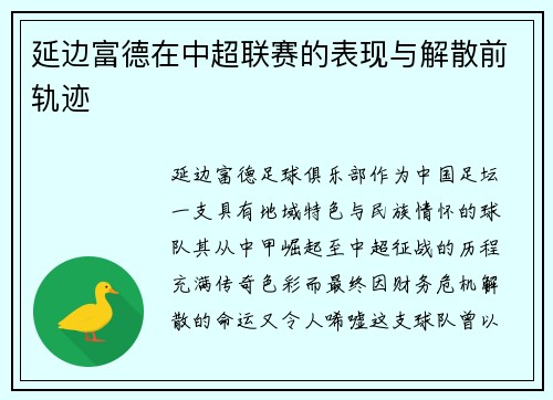 延边富德在中超联赛的表现与解散前轨迹