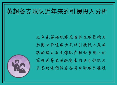 英超各支球队近年来的引援投入分析
